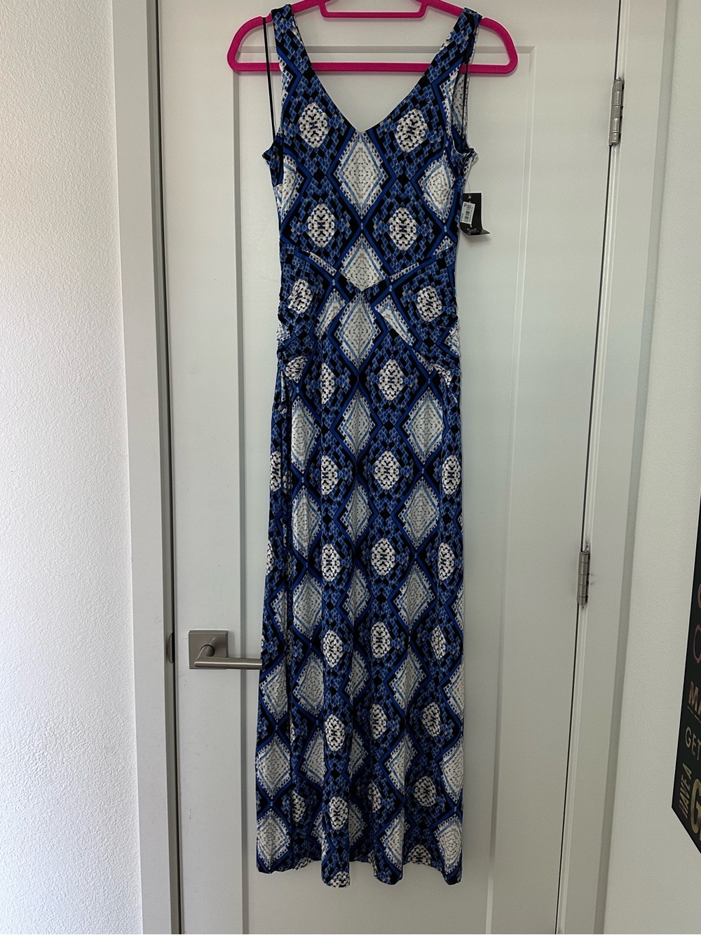 INC Mariner Blue and Black snake Patterned maxi ruched dress
